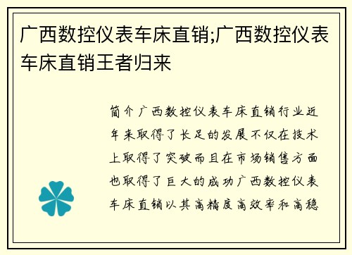 广西数控仪表车床直销;广西数控仪表车床直销王者归来